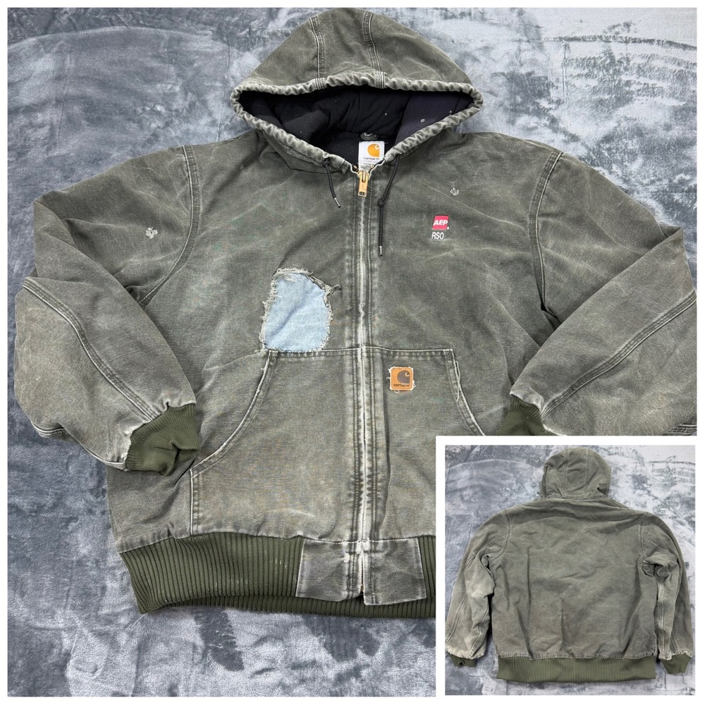 VTG Carhartt J130 MOS Fade Distressed Moss Green Jacket Mens XL Quilt Lined Hood